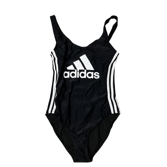 ADIDAS Swimsuit M Black Stripes One Piece Scoop Back Logo Sporty Athletic - Picture 1 of 7